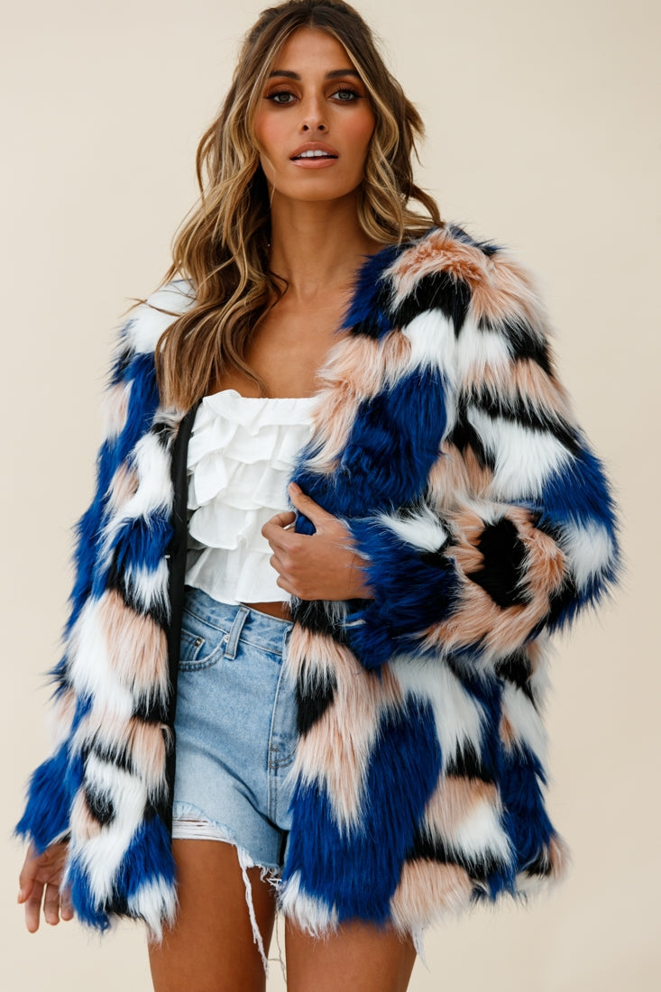 Shop the Ronan Faux Fur Multi-Print Coat Blue | Selfie Leslie