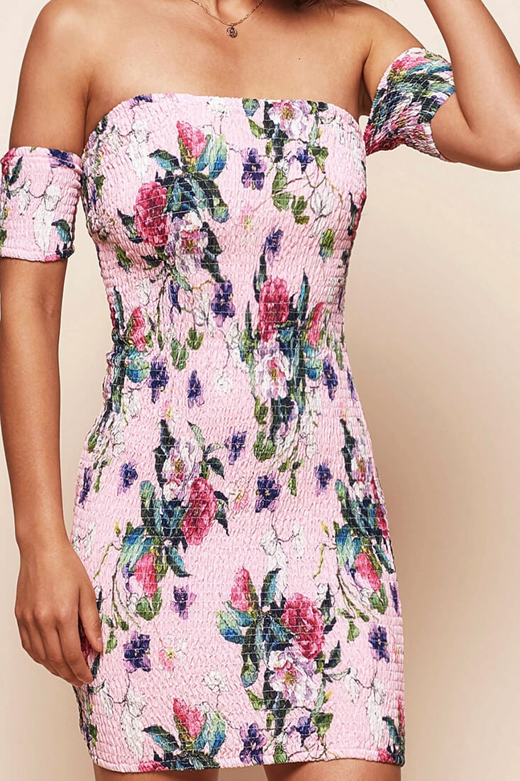 Ester Smocked Floral Mini Dress Pink by Selfie Leslie