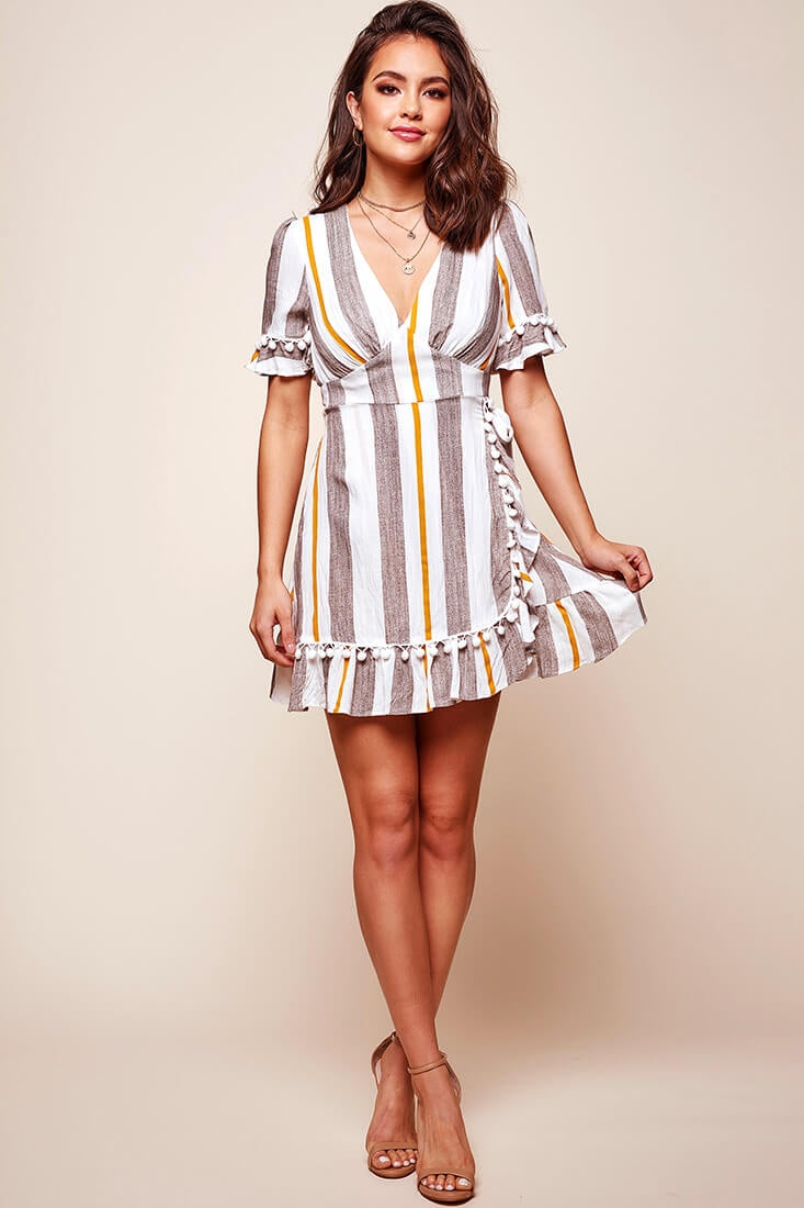 Kristen-Lee Striped Waist Tie Dress Beige & Mustard by Selfie Leslie