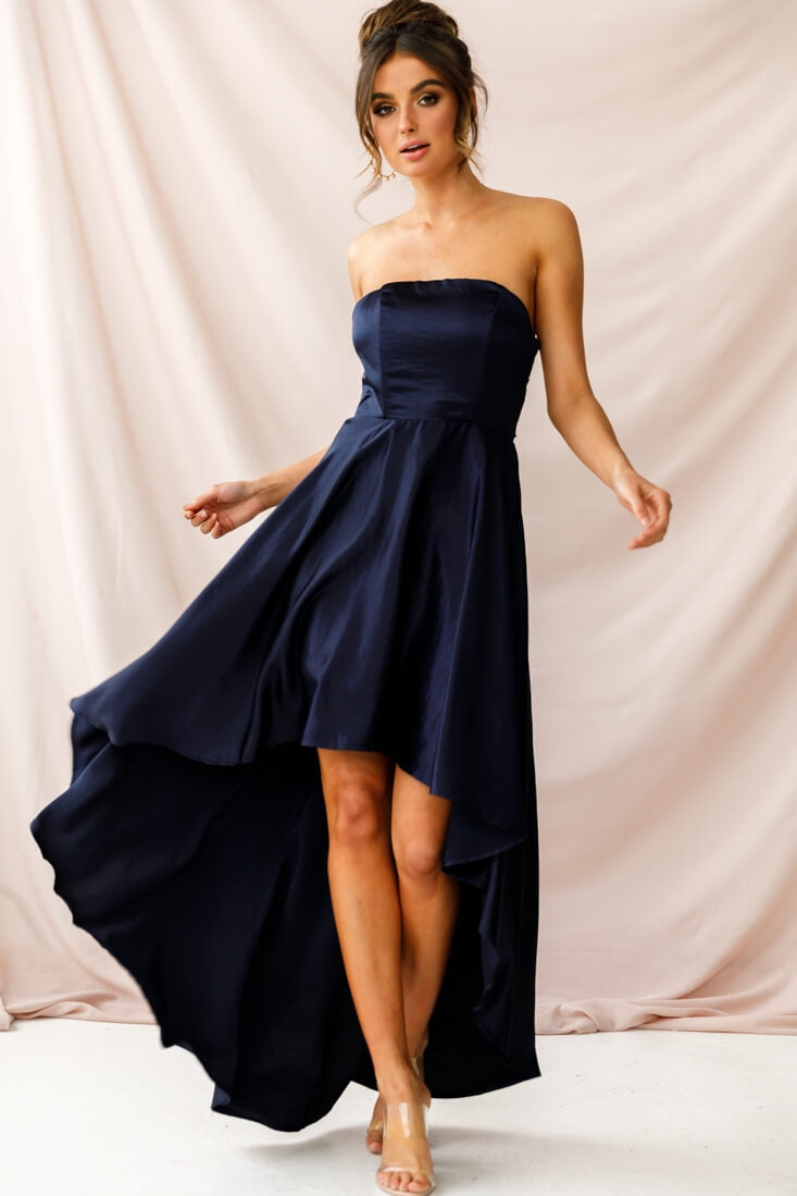 navy blue hi lo dress Belle Strapless High-Low Hem Dress Navy