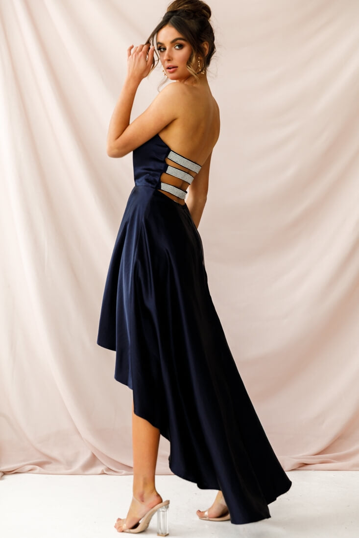 navy blue high low dress Belle Strapless High-Low Hem Dress Navy