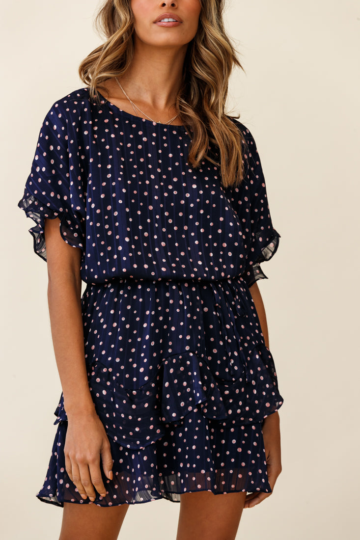 Mollina Frill Sleeve Layered Hem Dress Spot Print Navy by Selfie Leslie