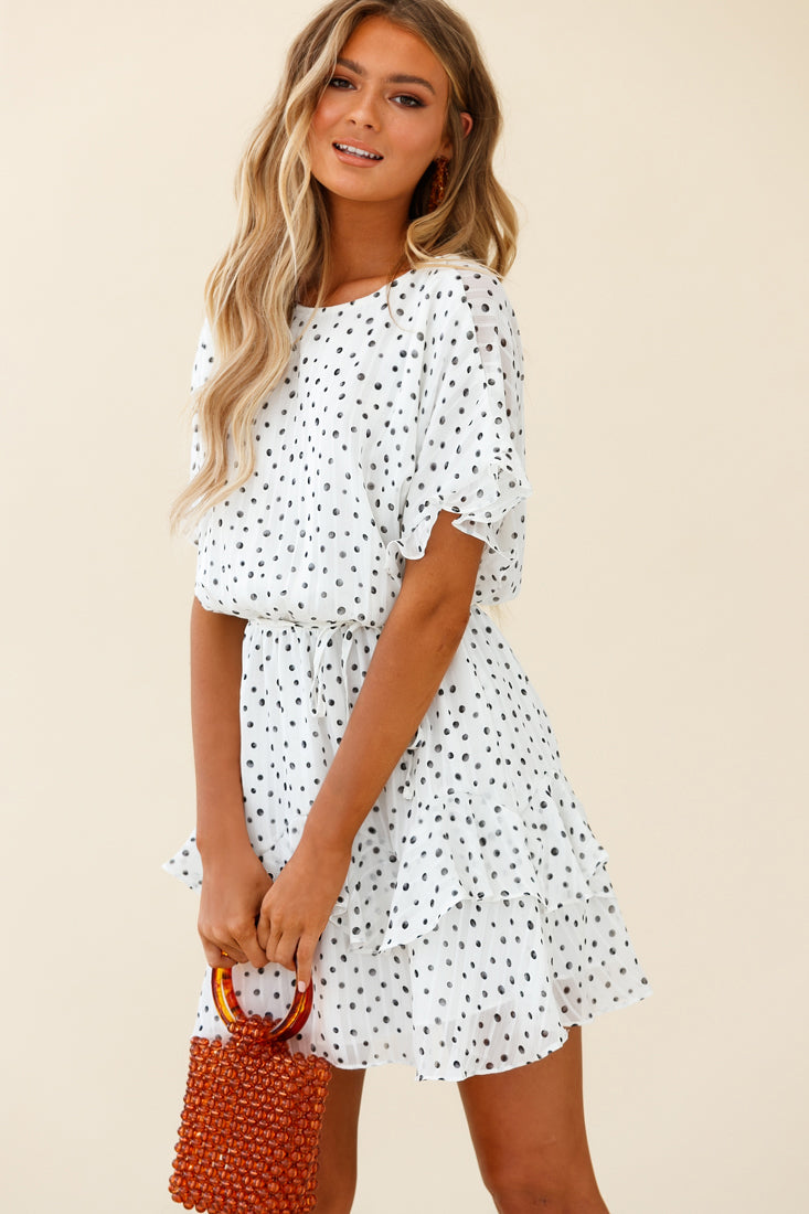 Mollina Frill Sleeve Layered Hem Dress Spot Print White by Selfie Leslie