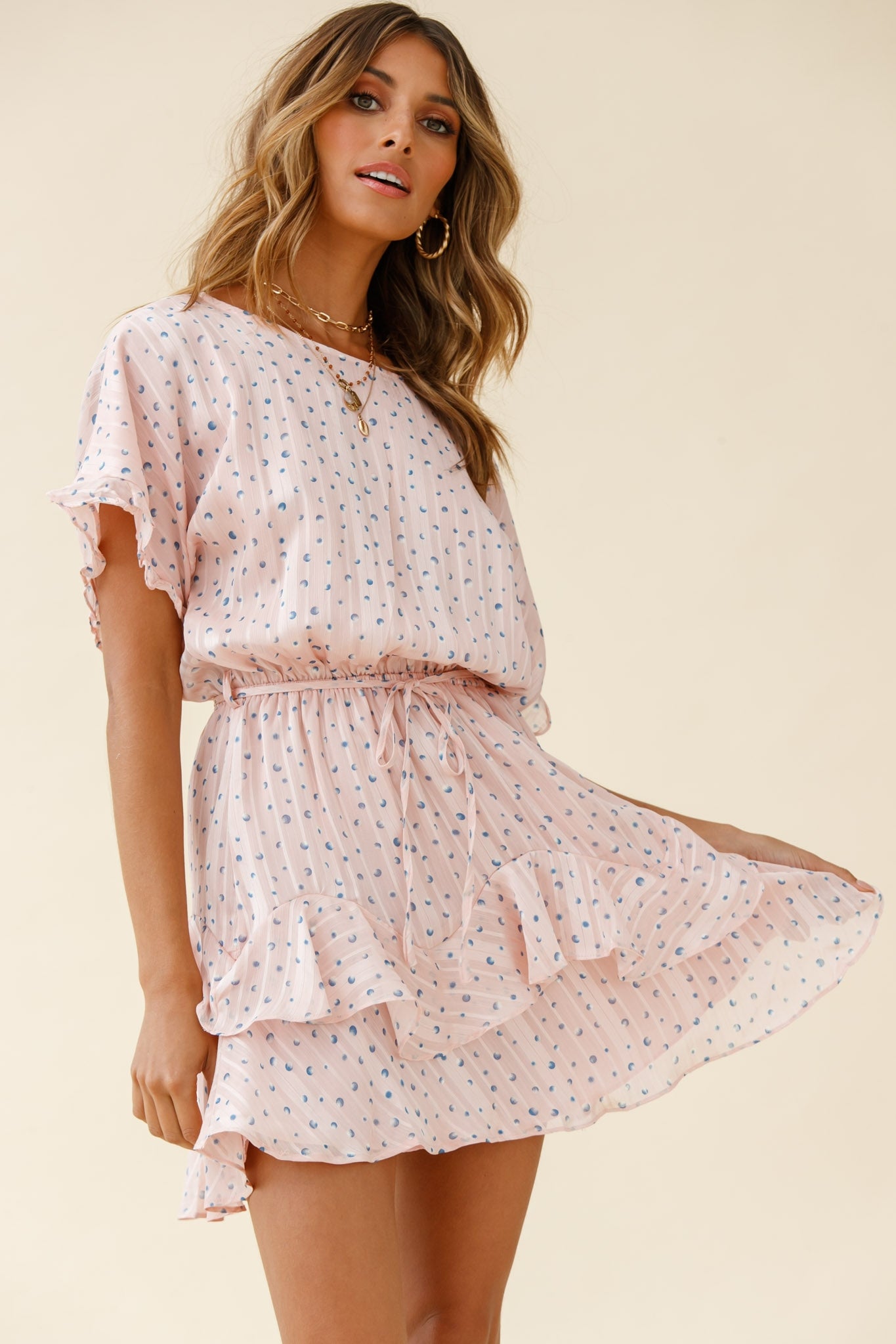Mollina Frill Sleeve Layered Hem Dress Spot Print Blush by Selfie Leslie