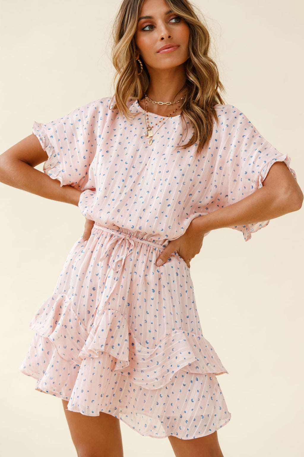Mollina Frill Sleeve Layered Hem Dress Spot Print Blush by Selfie Leslie
