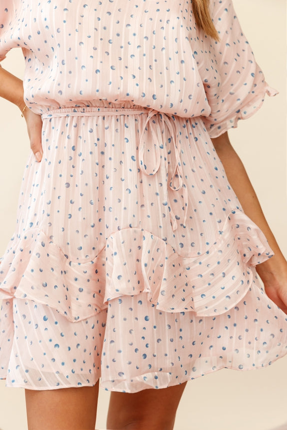 Mollina Frill Sleeve Layered Hem Dress Spot Print Blush