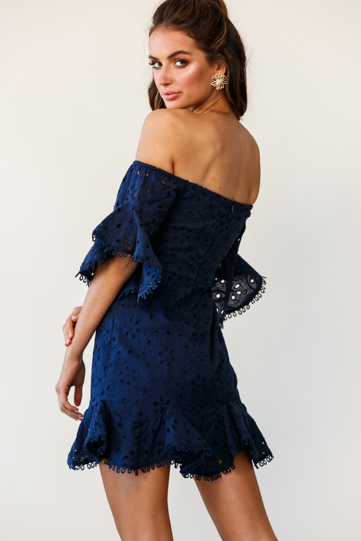 Elissa Off-Shoulder Broderie Anglaise Dress Navy by Selfie Leslie
