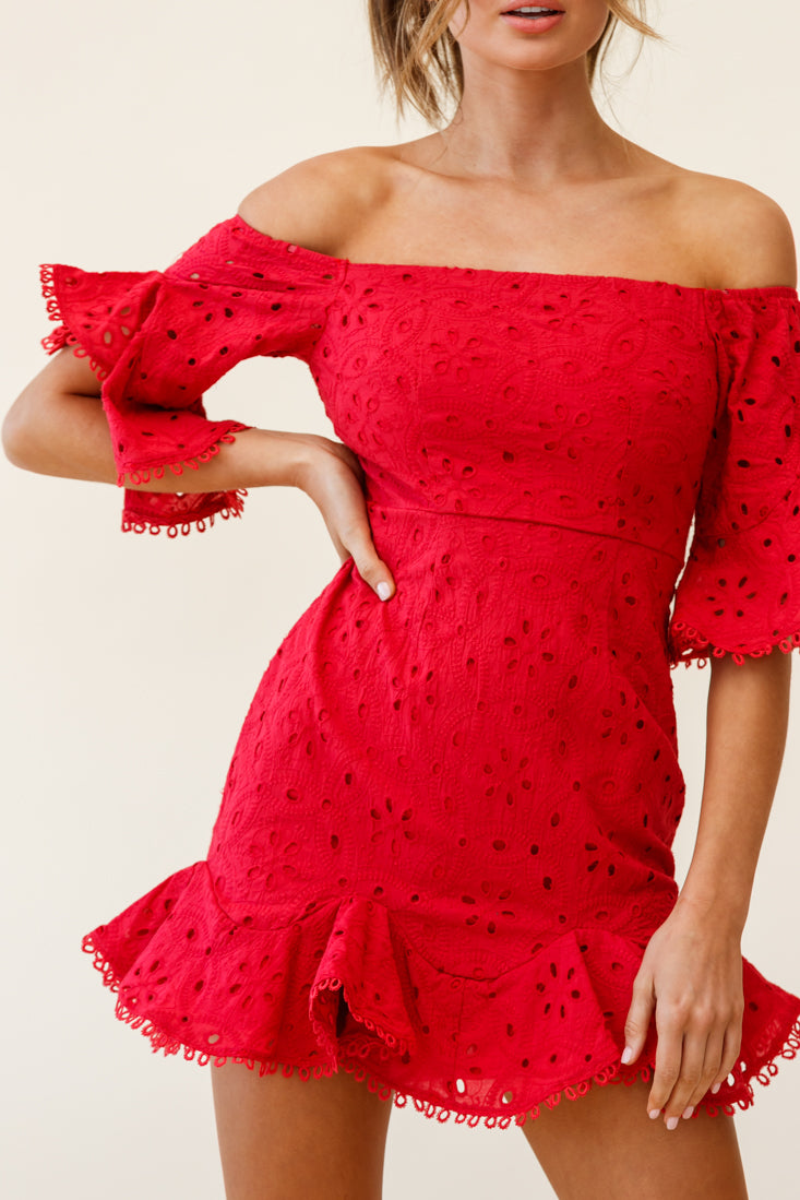 Elissa Off-Shoulder Broderie Anglaise Dress Red by Selfie Leslie