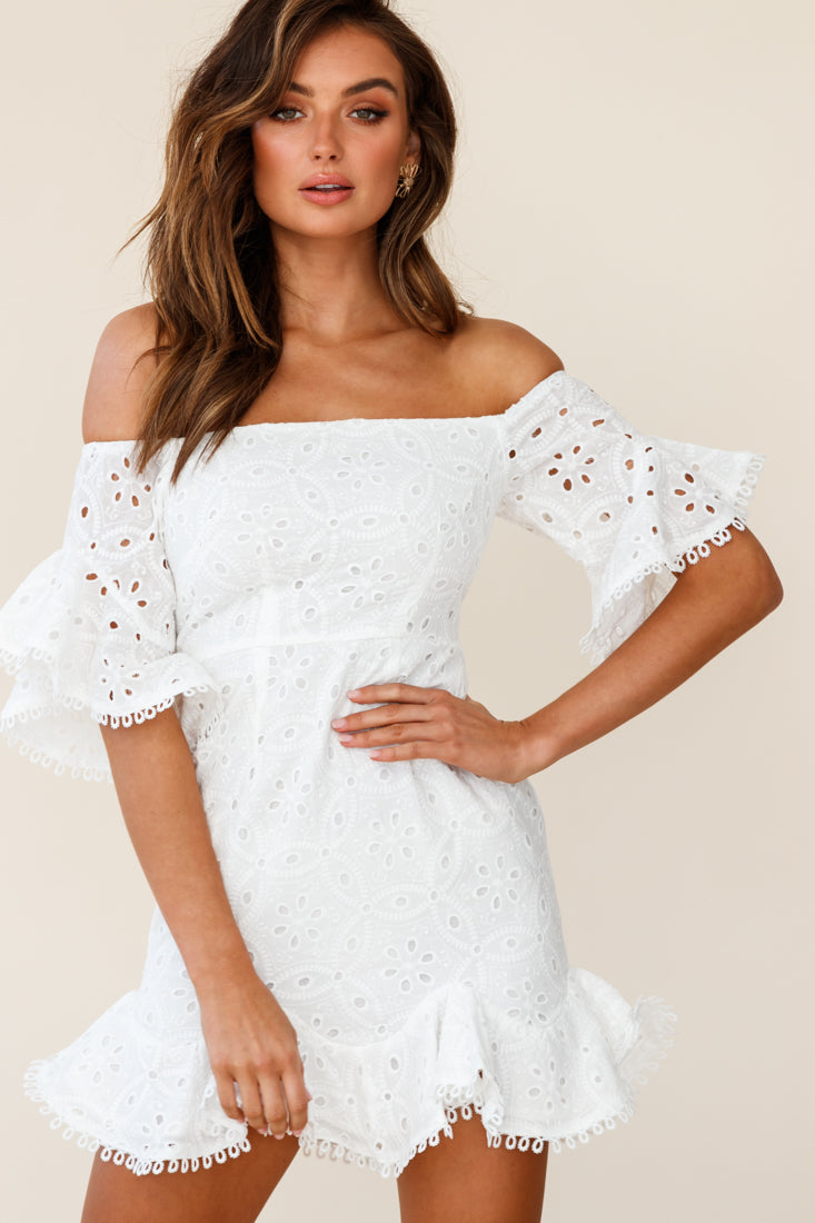 Elissa Off-Shoulder Broderie Anglaise Dress White by Selfie Leslie