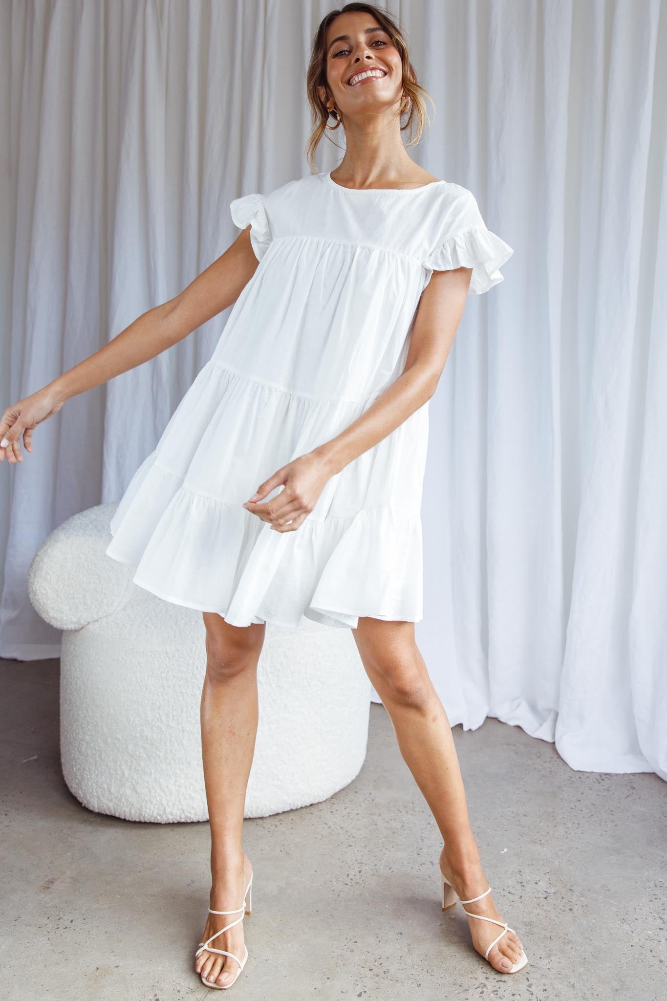 Hyacinth Ruffle Sleeve Smock Dress Beige