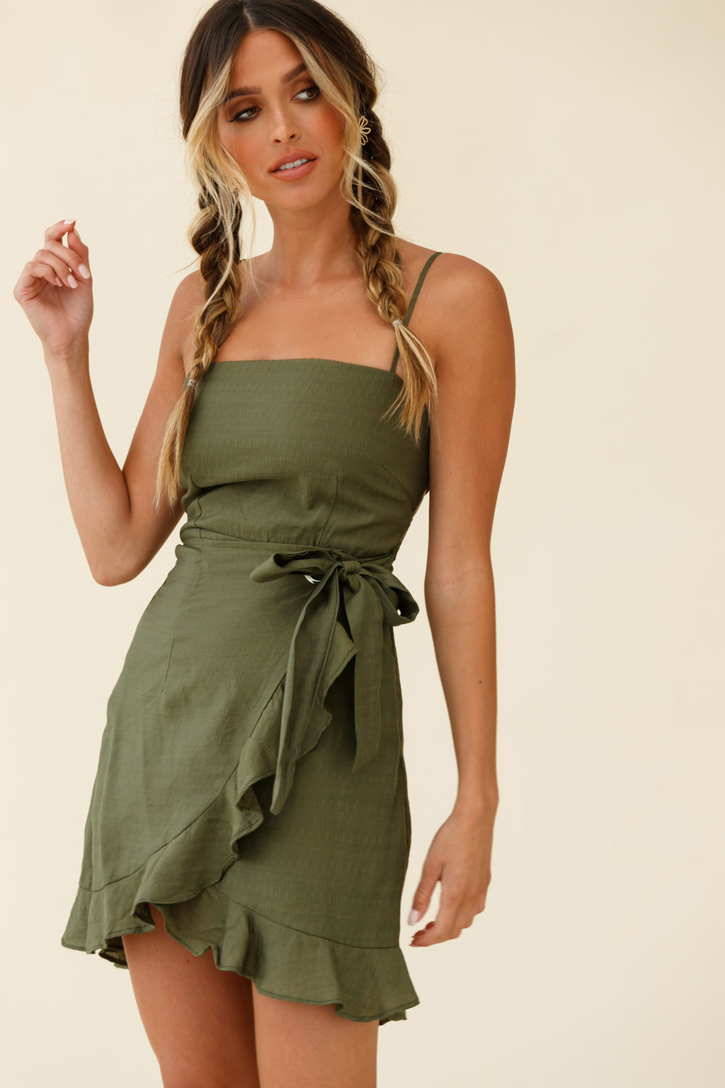 Pepita Cami Strap Wrap Dress Olive by Selfie Leslie
