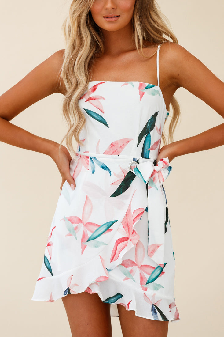Pepita Cami Strap Wrap Dress Leaf Print White by Selfie Leslie
