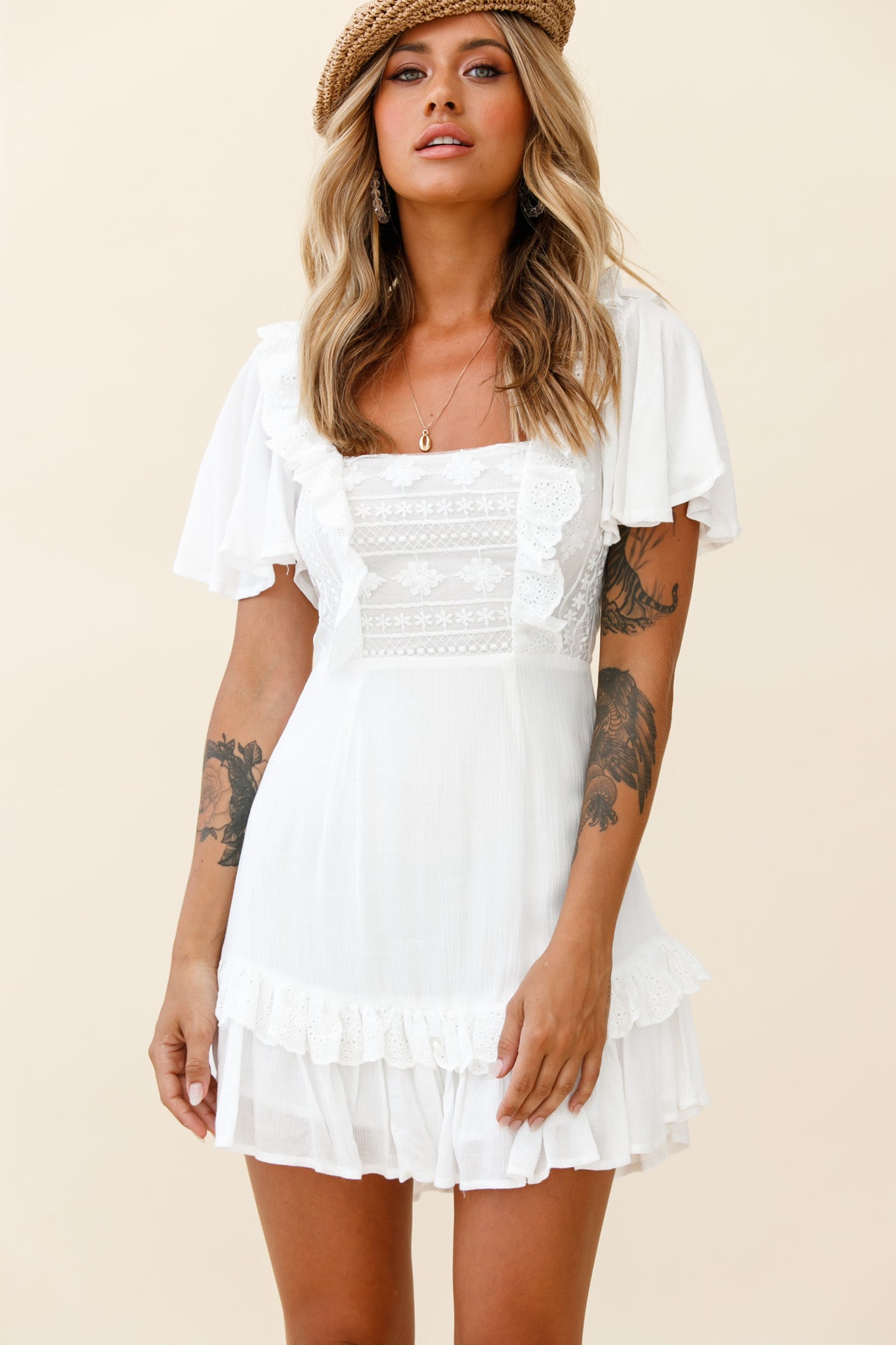 Say You Love Me Embroidery and Frill Detail Dress White by Selfie Leslie