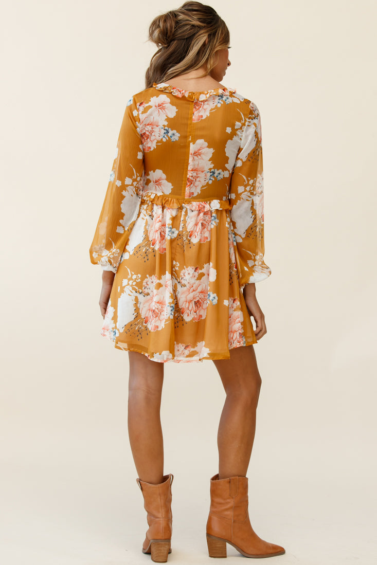 Cutie Pie Long Sleeve Babydoll Dress Rose Print Mustard by Selfie Leslie