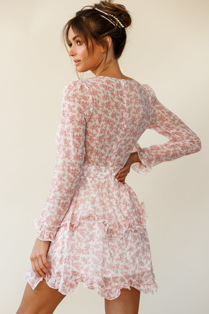 Greta Tiered Ruffle Chiffon Dress Floral Pattern Blush by Selfie Leslie