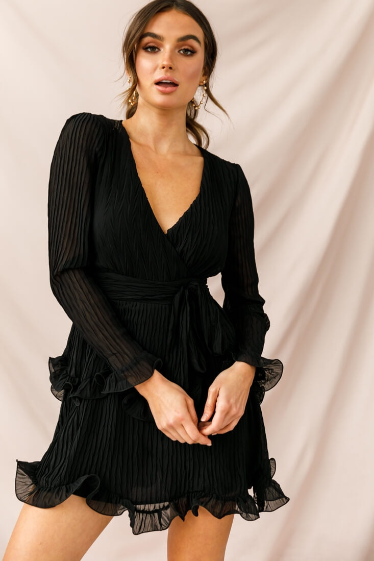 Greta Tiered Ruffle Chiffon Long Sleeve Dress Black Greta Tiered Ruffle Chiffon Long Sleeve Dress Black
