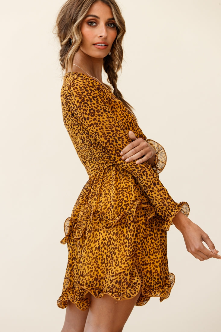 Greta Tiered Ruffle Chiffon Dress Animal Print Mustard by Selfie Leslie