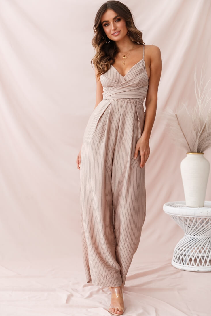 Nancy Wide Leg Pinstripe Jumpsuit Mocha by Selfie Leslie