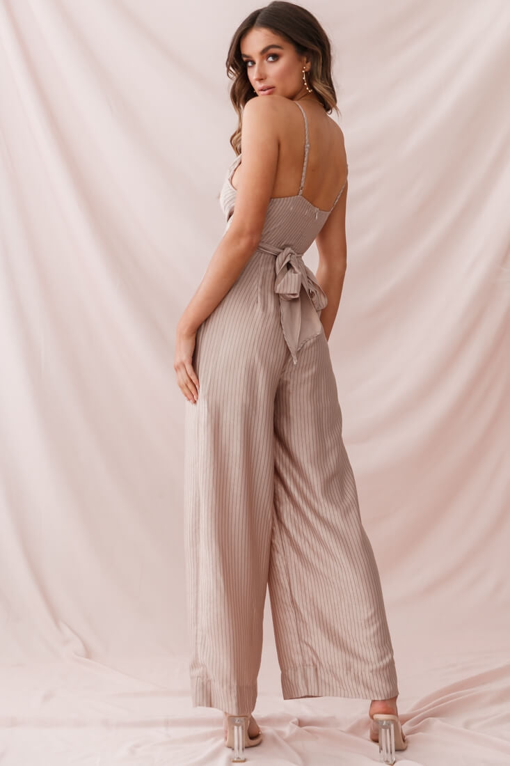 Nancy Wide Leg Pinstripe Jumpsuit Mocha by Selfie Leslie