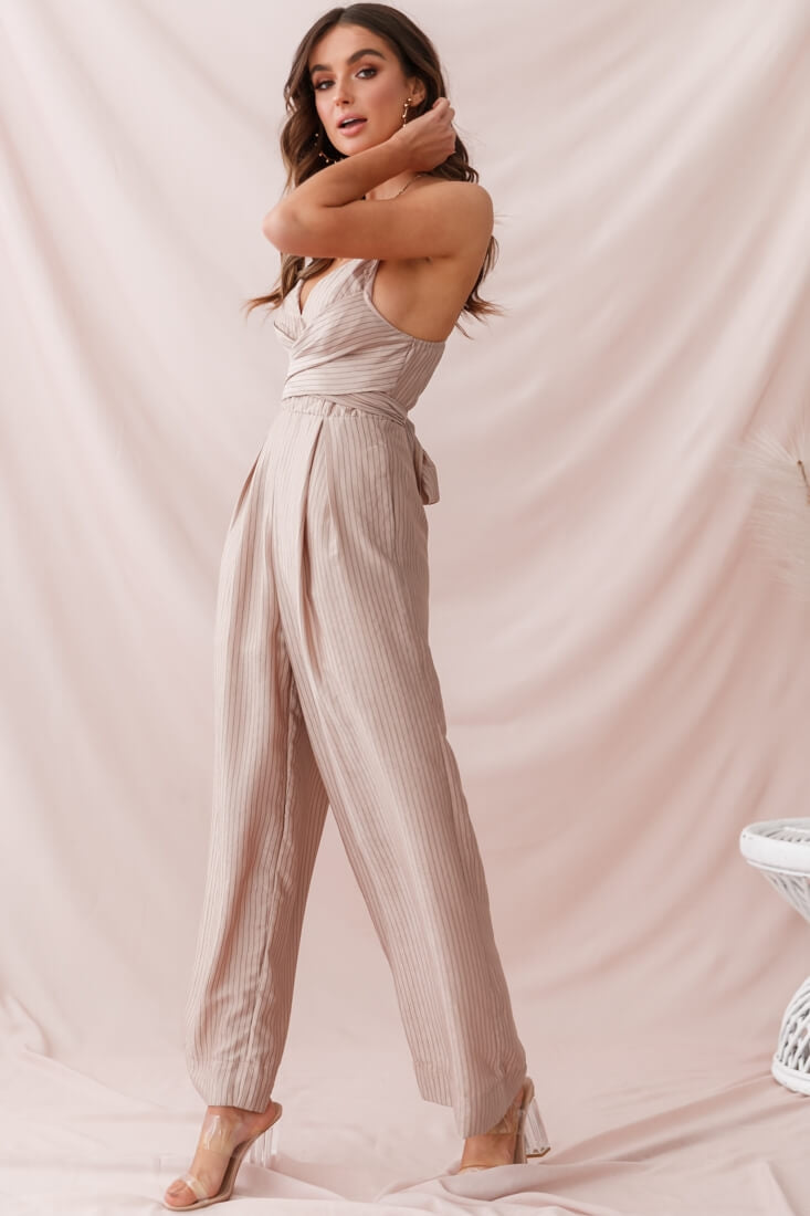 Nancy Wide Leg Pinstripe Jumpsuit Mocha by Selfie Leslie