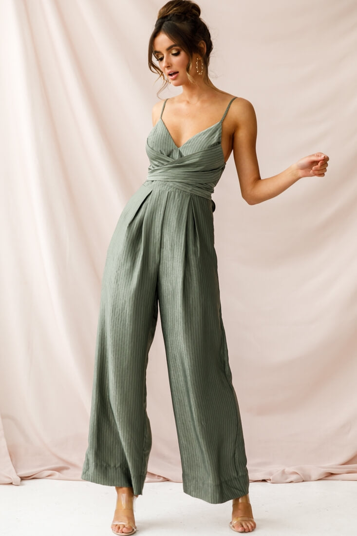 Nancy Wide Leg Pinstripe Jumpsuit Olive by Selfie Leslie