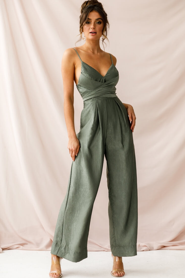 Nancy Wide Leg Pinstripe Jumpsuit Olive by Selfie Leslie