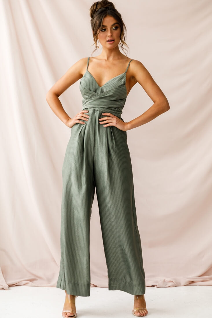 Nancy Wide Leg Pinstripe Jumpsuit Olive by Selfie Leslie