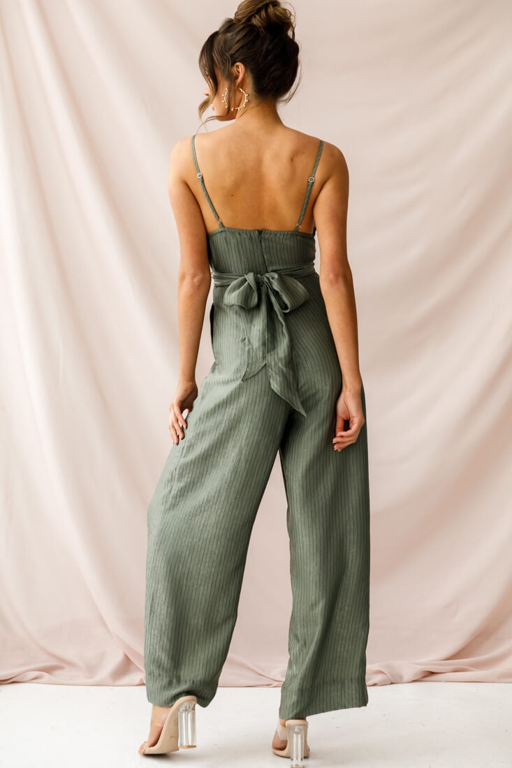 Nancy Wide Leg Pinstripe Jumpsuit Olive by Selfie Leslie