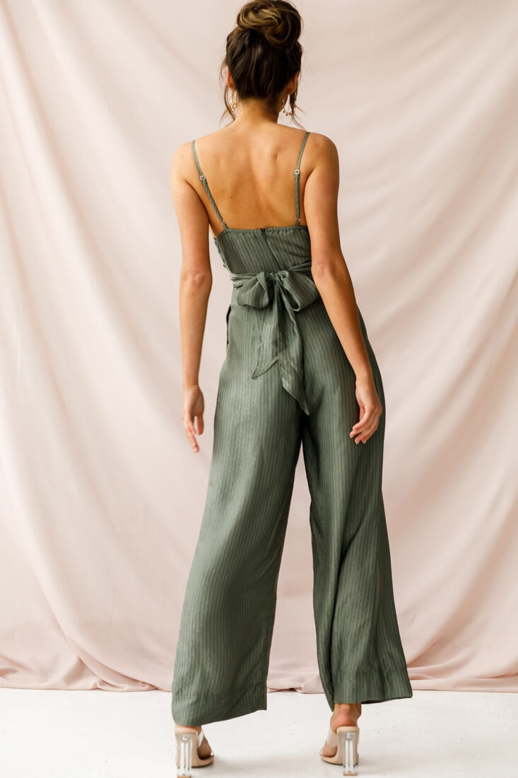 Nancy Wide Leg Pinstripe Jumpsuit Olive by Selfie Leslie