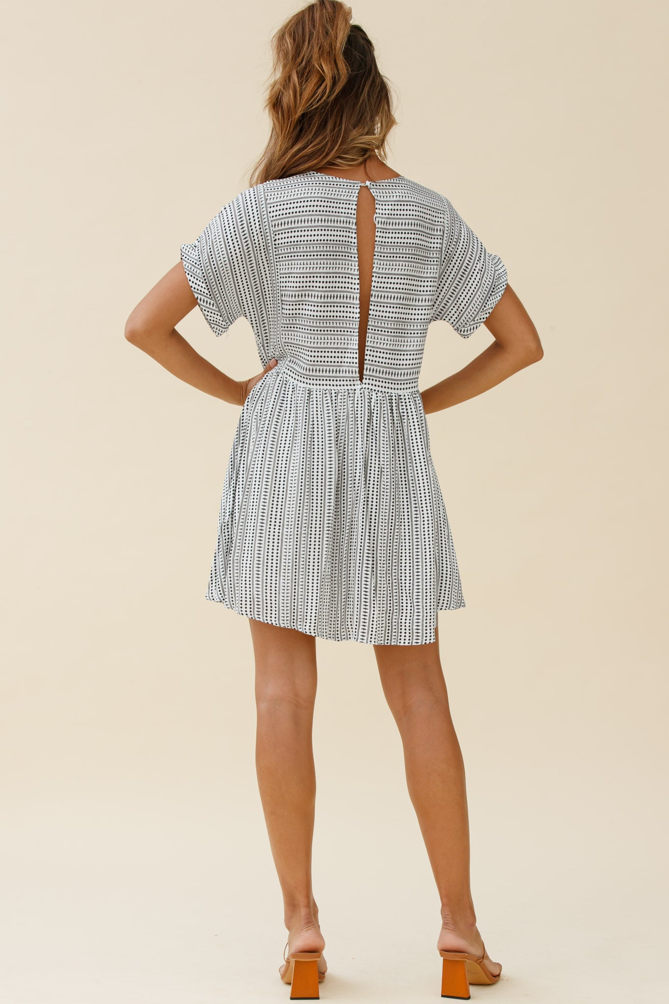 Susie Rolled Sleeve Crew Neck Swing Dress Stripe Pattern Black by Selfie Leslie