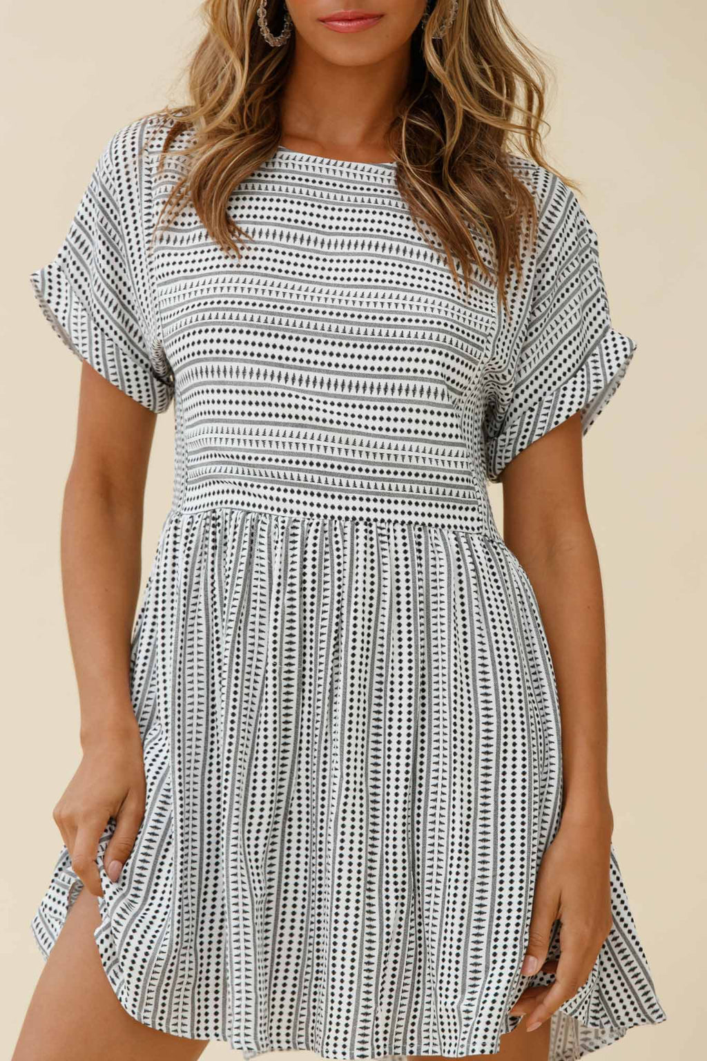 Susie Rolled Sleeve Crew Neck Swing Dress Stripe Pattern Black by Selfie Leslie