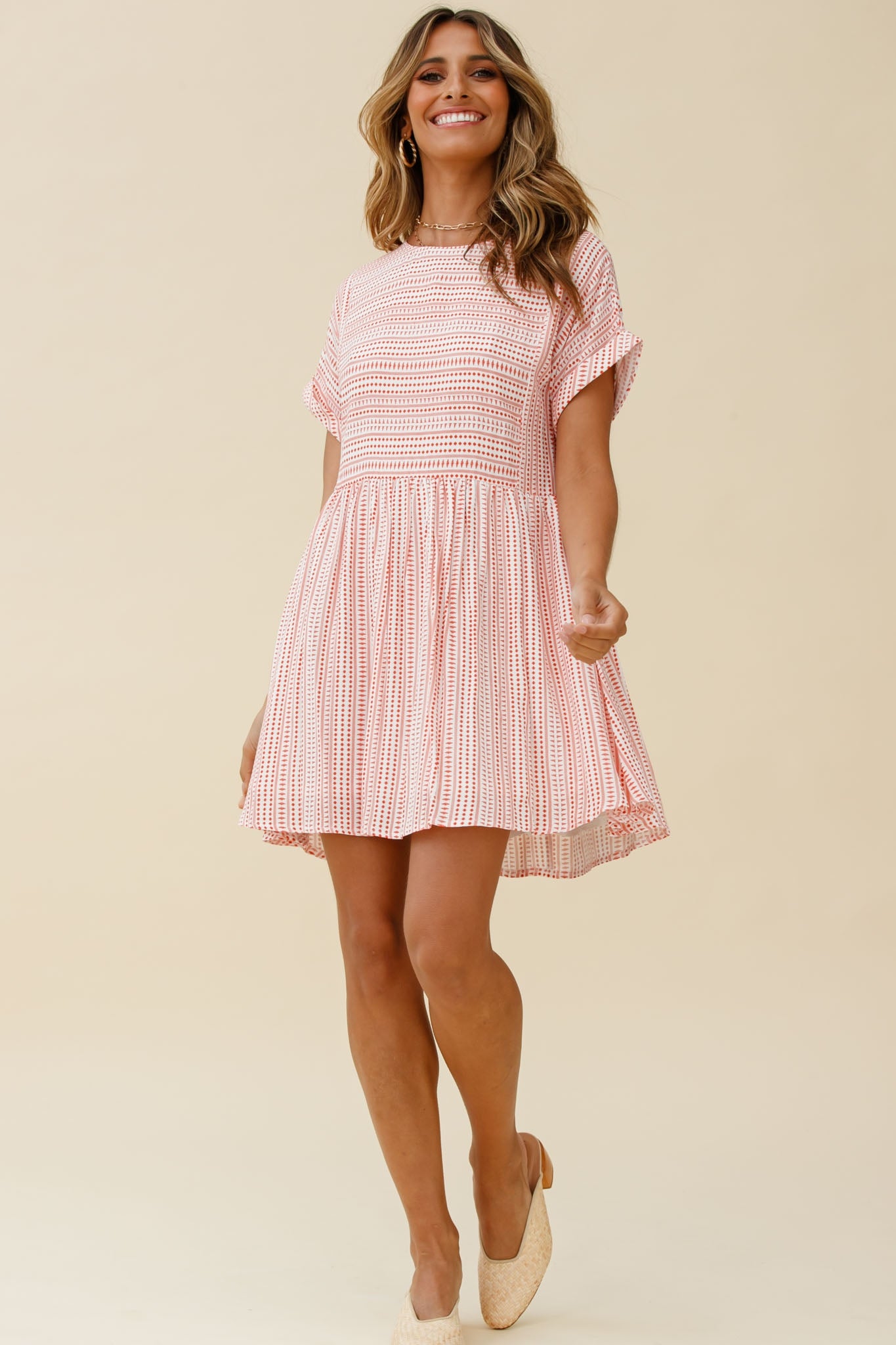 Susie Rolled Sleeve Crew Neck Swing Dress Stripe Pattern Red by Selfie Leslie