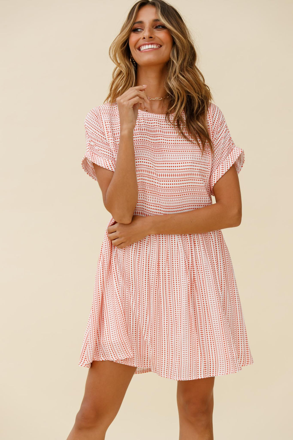 Susie Rolled Sleeve Crew Neck Swing Dress Stripe Pattern Red by Selfie Leslie