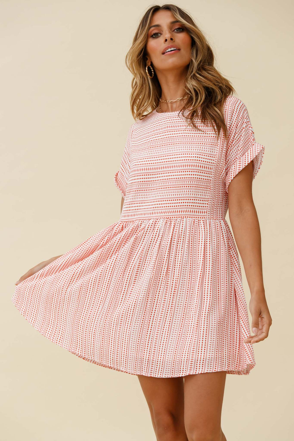 Susie Rolled Sleeve Crew Neck Swing Dress Stripe Pattern Red by Selfie Leslie