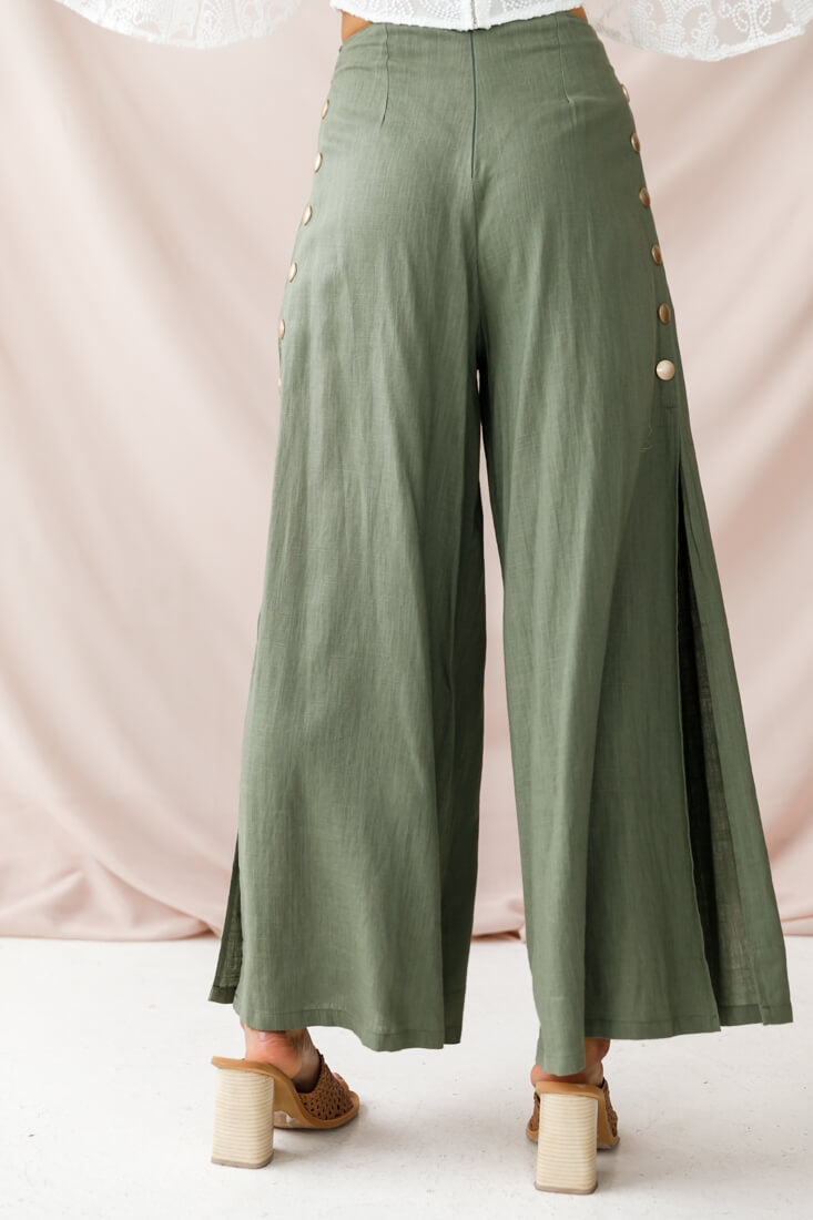 Aruba Wide Leg Side Split Pants Khaki by Selfie Leslie