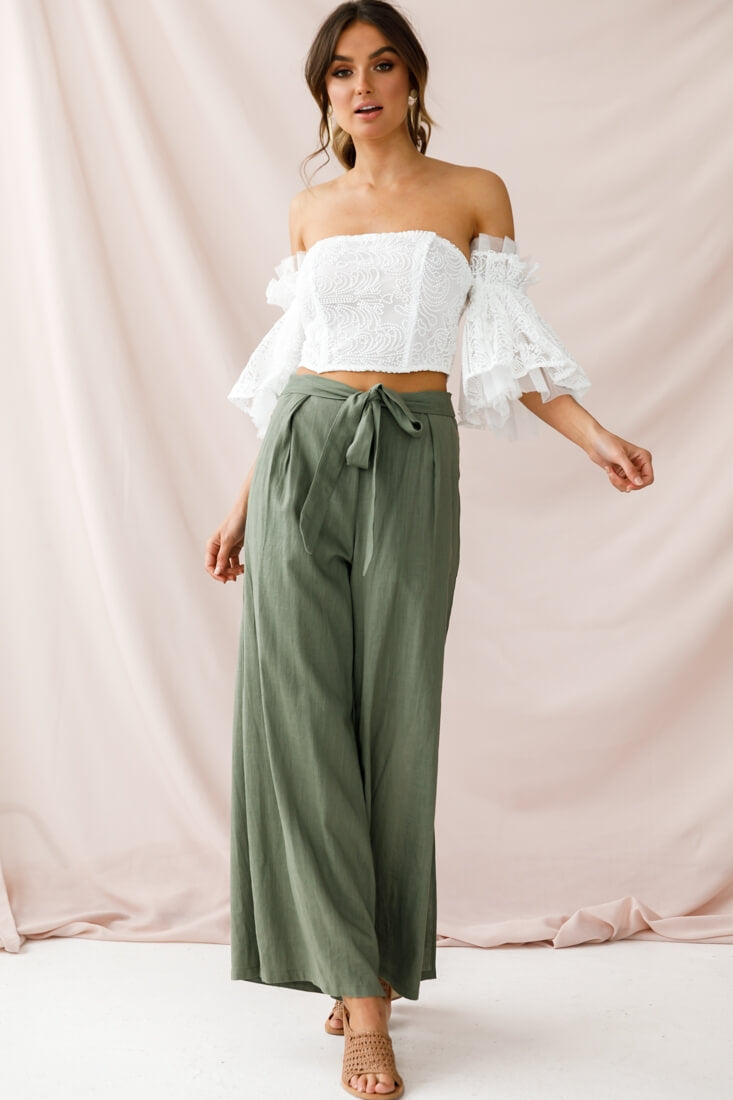Aruba Wide Leg Side Split Pants Khaki by Selfie Leslie