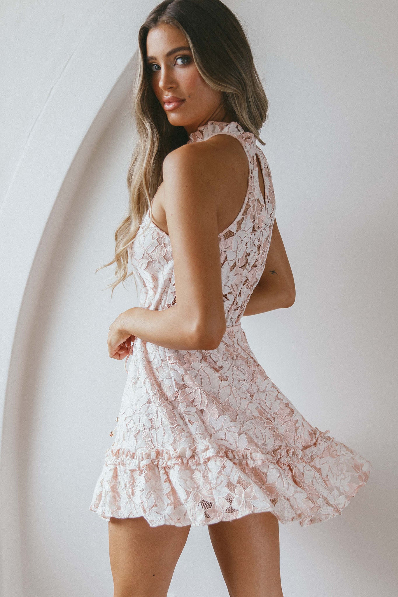 Ever After Halterneck Elasticated Waist Lace Mini Dress Apricot