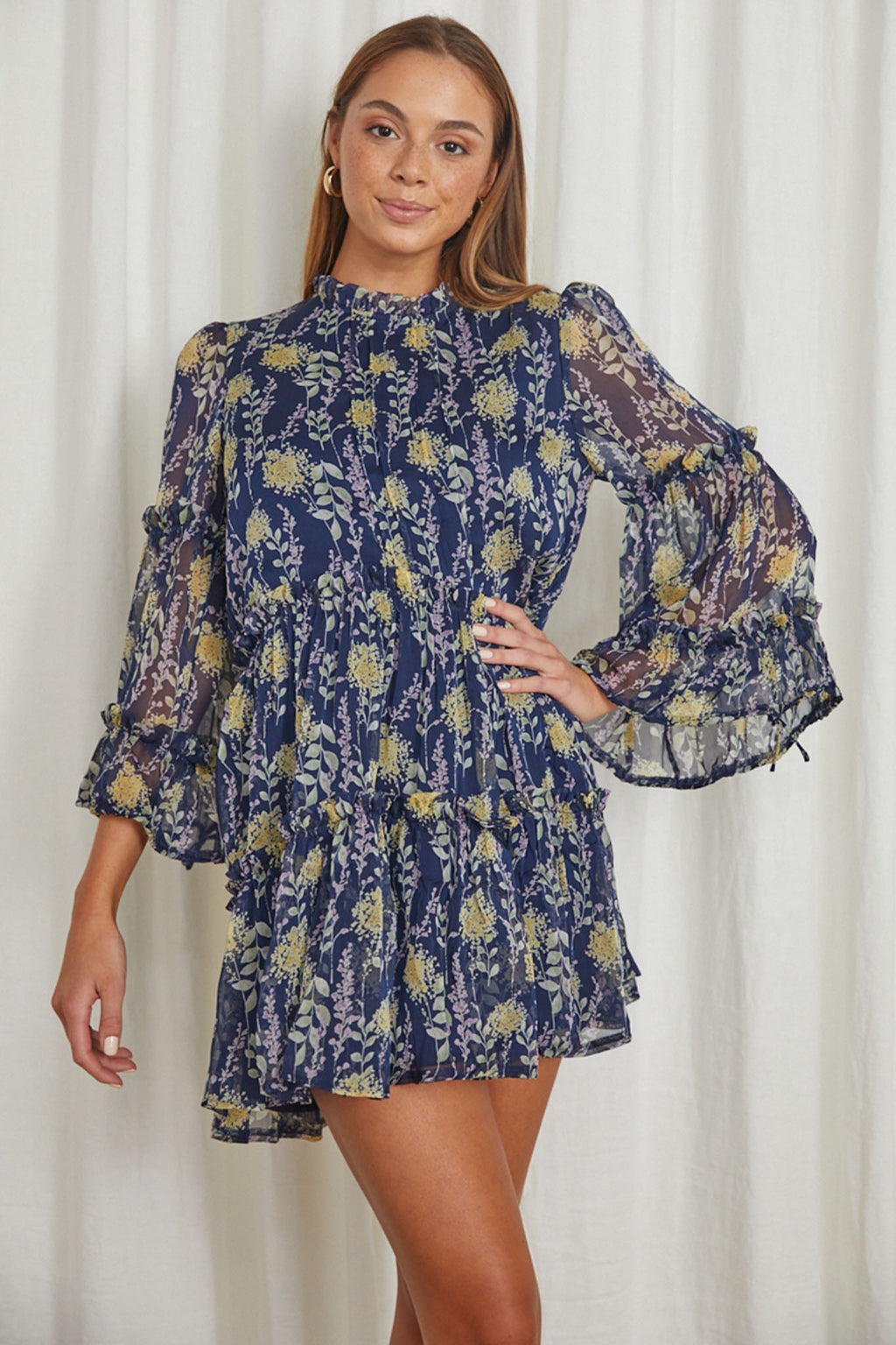 Beatrix High Neck Balloon Sleeve Dress Floral Midnight Blue by Selfie Leslie