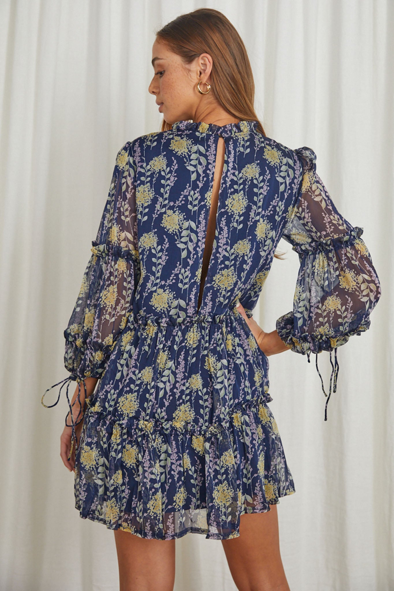 Beatrix High Neck Balloon Sleeve Dress Floral Midnight Blue by Selfie Leslie