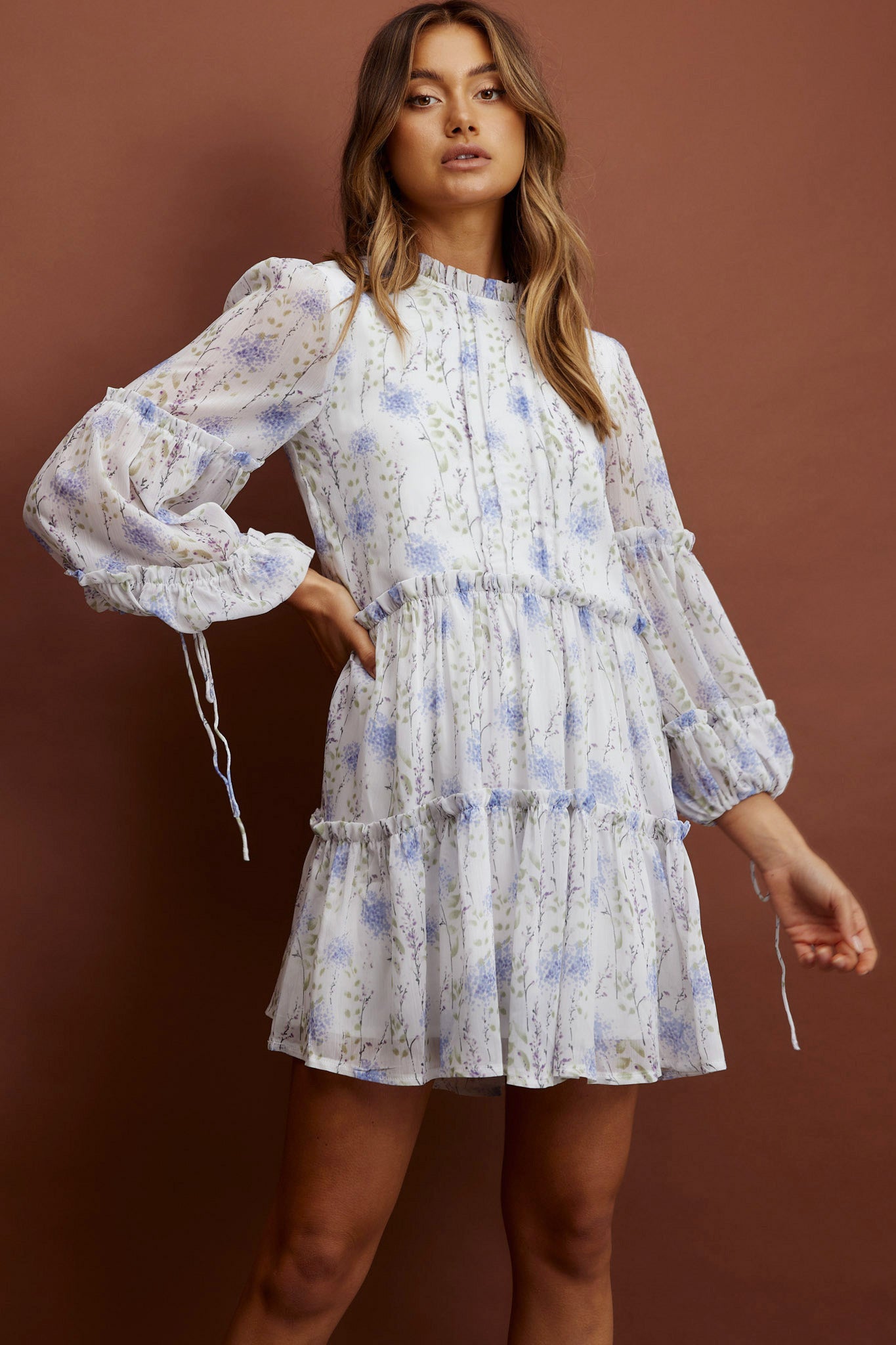 Beatrix High Neck Balloon Sleeve Dress Floral White by Selfie Leslie