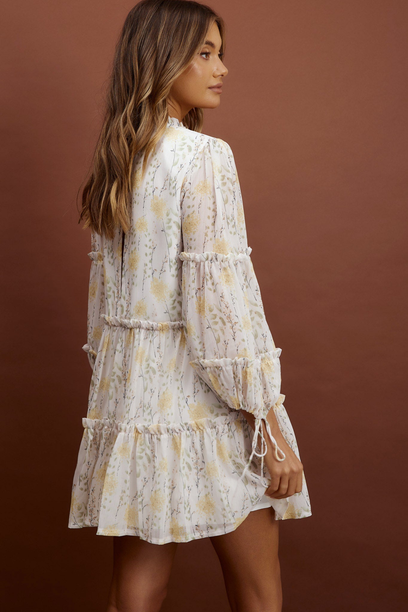 Beatrix High Neck Balloon Sleeve Dress Floral Yellow by Selfie Leslie