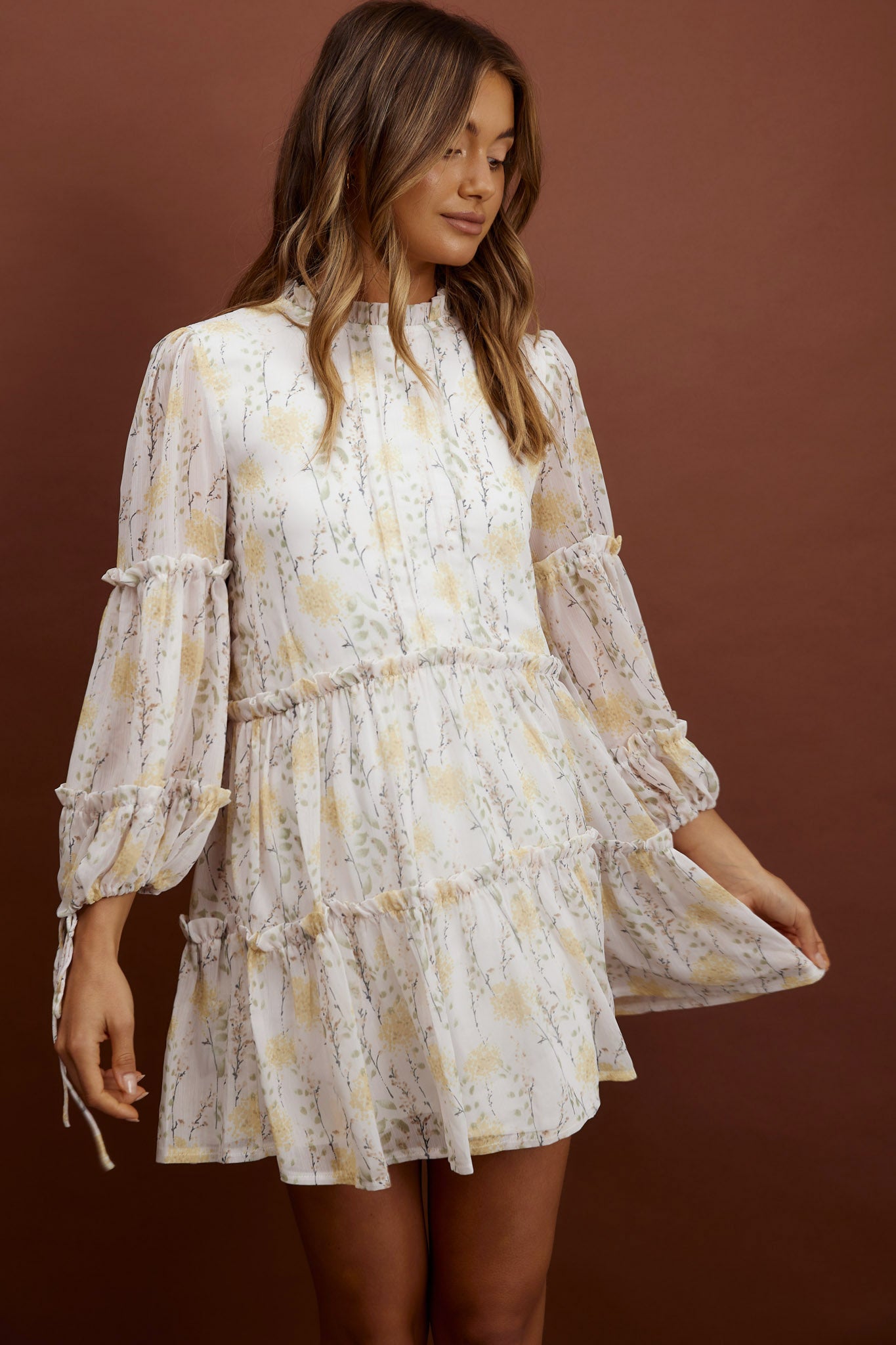 Beatrix High Neck Balloon Sleeve Dress Floral Yellow by Selfie Leslie