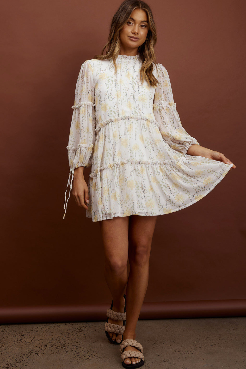 Beatrix High Neck Balloon Sleeve Dress Floral Yellow by Selfie Leslie