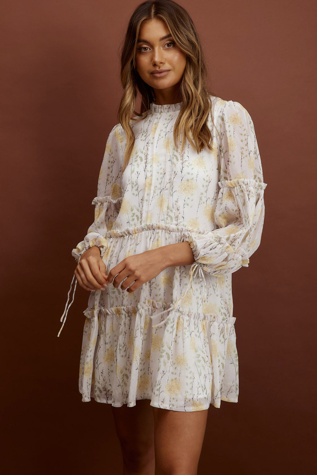 Beatrix High Neck Balloon Sleeve Dress Floral Yellow by Selfie Leslie