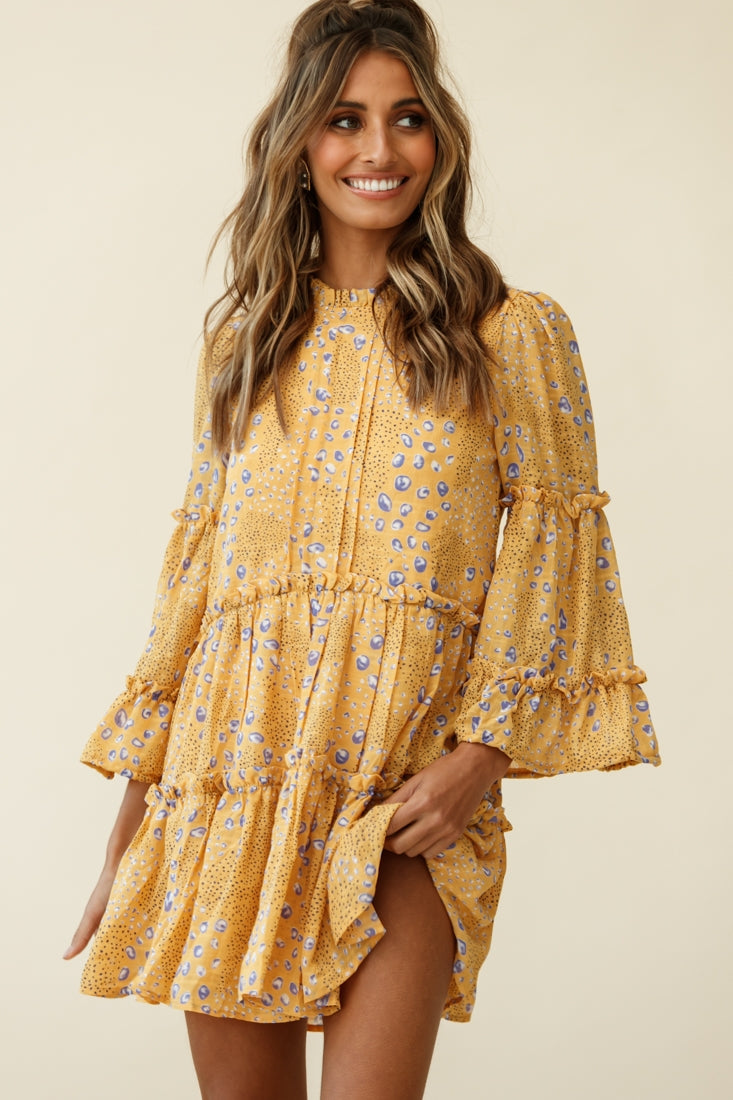 Beatrix High Neck Bell Sleeve Dress Droplet Print Yellow by Selfie Leslie