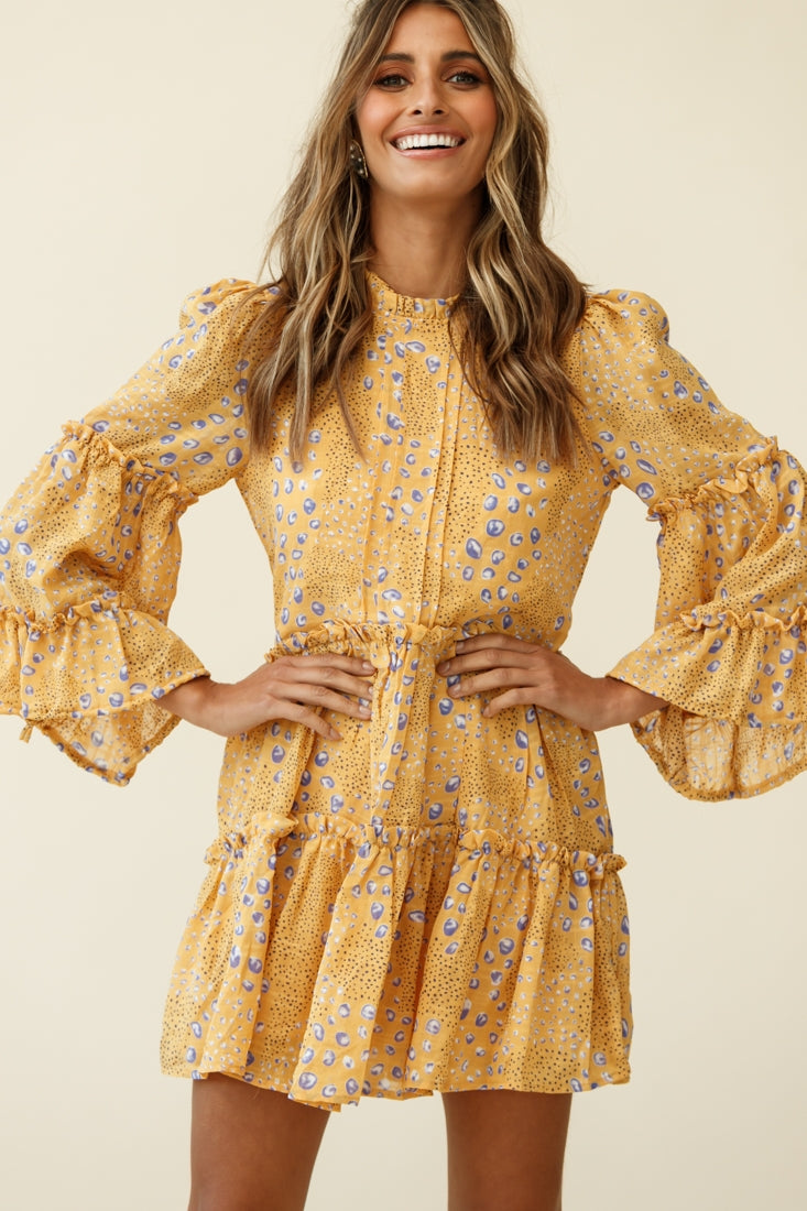 Beatrix High Neck Bell Sleeve Dress Droplet Print Yellow by Selfie Leslie