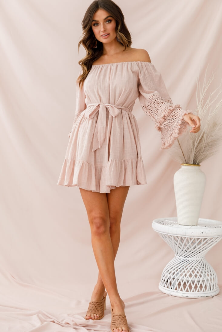 Mona Off-Shoulder Embellished Sleeve Dress Mocha by Selfie Leslie