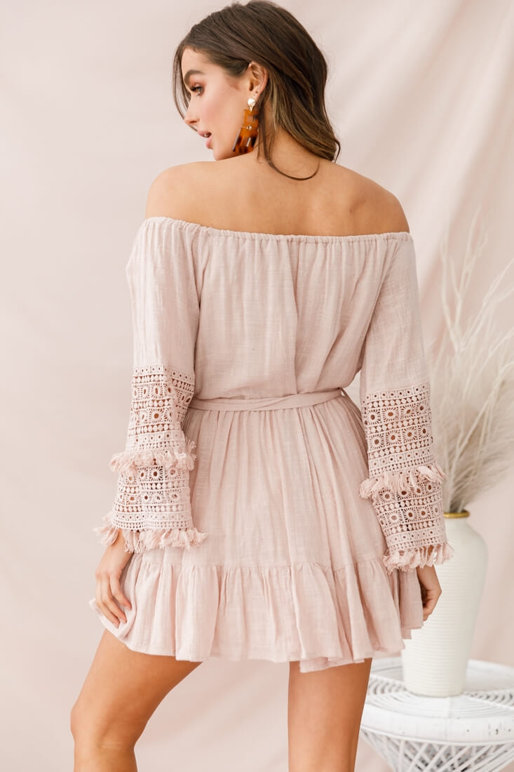 Mona Off-Shoulder Embellished Sleeve Dress Mocha by Selfie Leslie