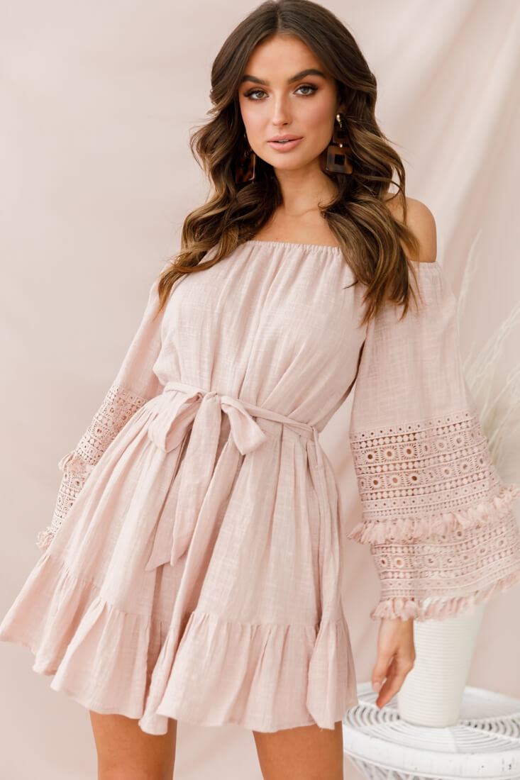 Mona Off-Shoulder Embellished Sleeve Dress Mocha by Selfie Leslie