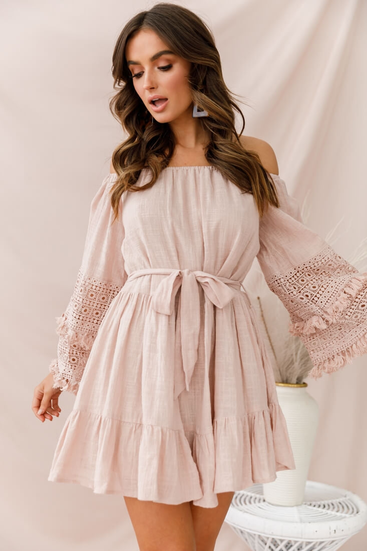 Mona Off-Shoulder Embellished Sleeve Dress Mocha by Selfie Leslie